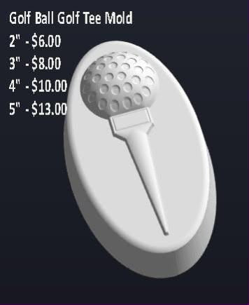 Grey mold of a dimpled golf ball on a tee raised from a smooth oval panel