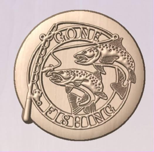 Round Gone Fishing disc mold with two speckled trout crossing and a fishing rod along the left side.