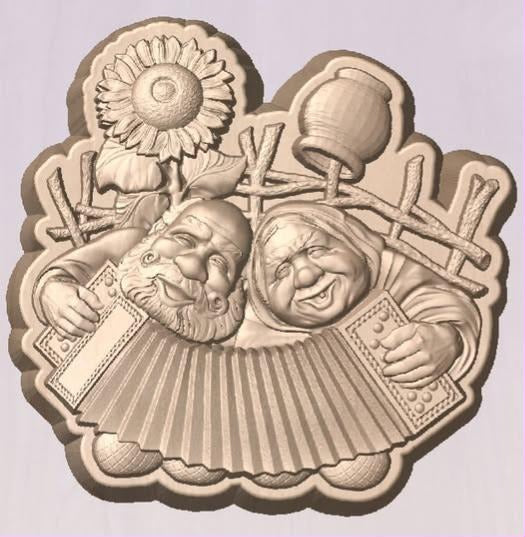 Mold of an older couple laughing behind a big accordion, with a sunflower and a stick fence behind them.