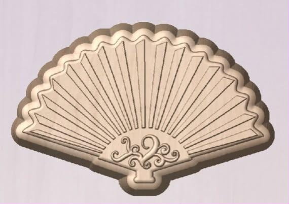 Open hand fan mold in tan, radiating pleated ribs with a scalloped edge and scrolled pivot