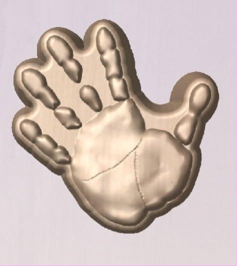 Cast mold of an open child's handprint with fingers spread and palm crease lines