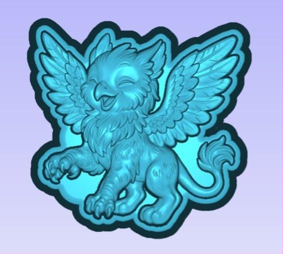 Cute griffin mold with eagle head, spread feathered wings and lion body on an outlined plaque