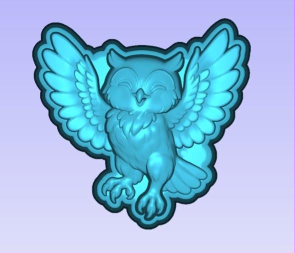 Cute owl mold with closed smiling eyes and spread stepped wings inside a raised outline