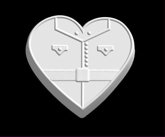 Heart mold cut as a dress uniform blouse with open collar, buttons, chest flaps and a belt with a buckle.