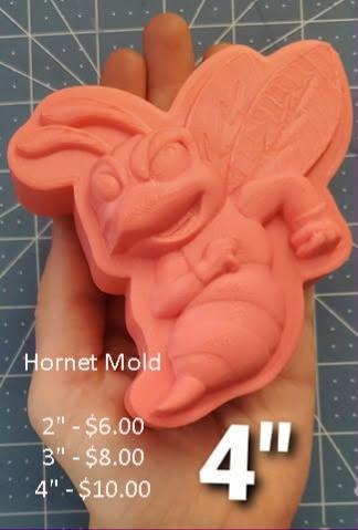 Coral cast cartoon hornet mascot with a scowling face, striped body and swept-back wings
