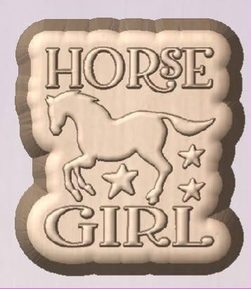 Tan plaque casting reading HORSE GIRL with a galloping horse and three stars inside a scalloped border