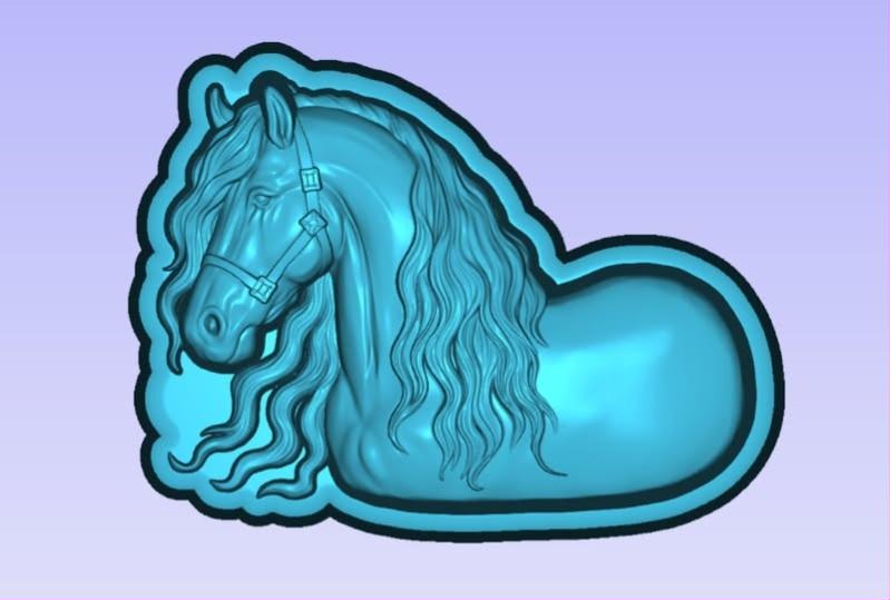 Horse mold, head and neck in profile in a buckled halter with a long wavy mane, body at rest.