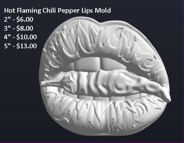 Mold of parted lips biting a chili pepper with flames curling over the top lip