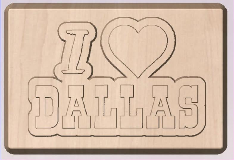 Rectangular plaque mold reading I heart DALLAS in heavy block capitals inside a raised border.