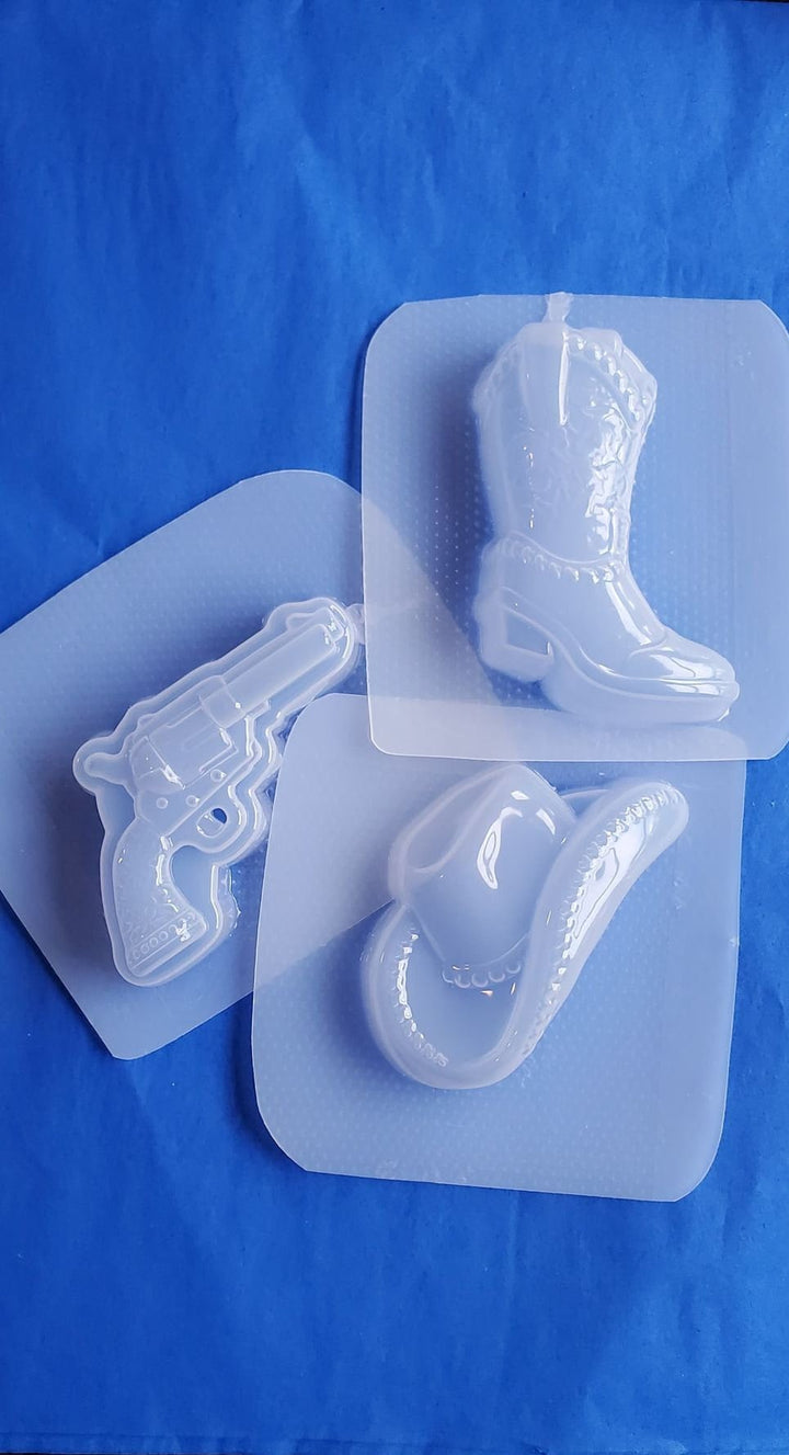 Western Collection Plastic Mold or Silicone mold, bath bomb mold, soap mold, cowboy hat mold, resin mold, gun mold, cowboy boot mold, hat