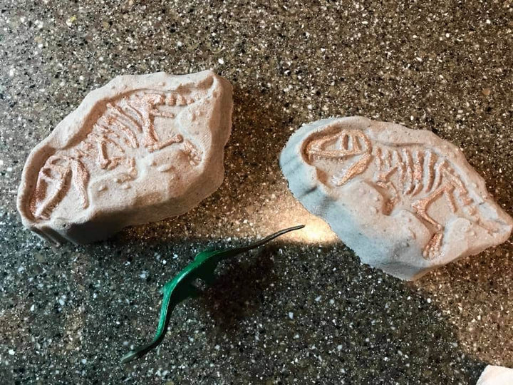 Two pale dino fossil casts on grit beside a small green dinosaur toy