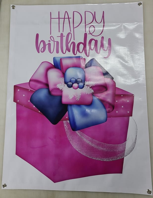 Vinyl banner printed Happy Birthday in pink script above a large pink and blue gift box.