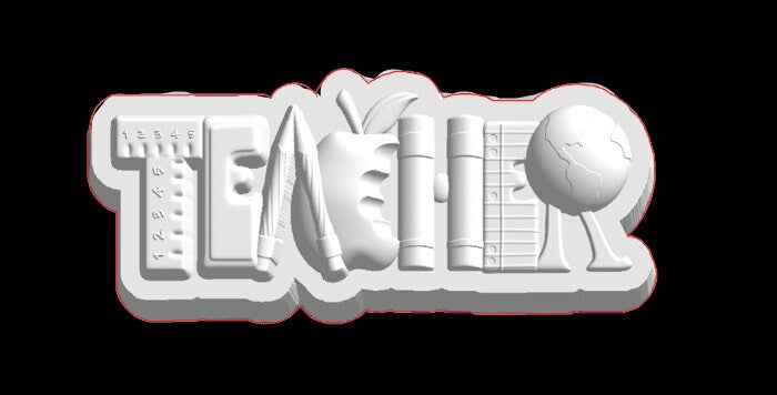 Grey render of the TEACHER mold, the word built from a ruler, pencil, apple and globe.
