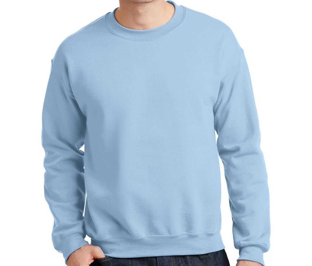 Plain light blue crewneck sweatshirt shown as a colour option.