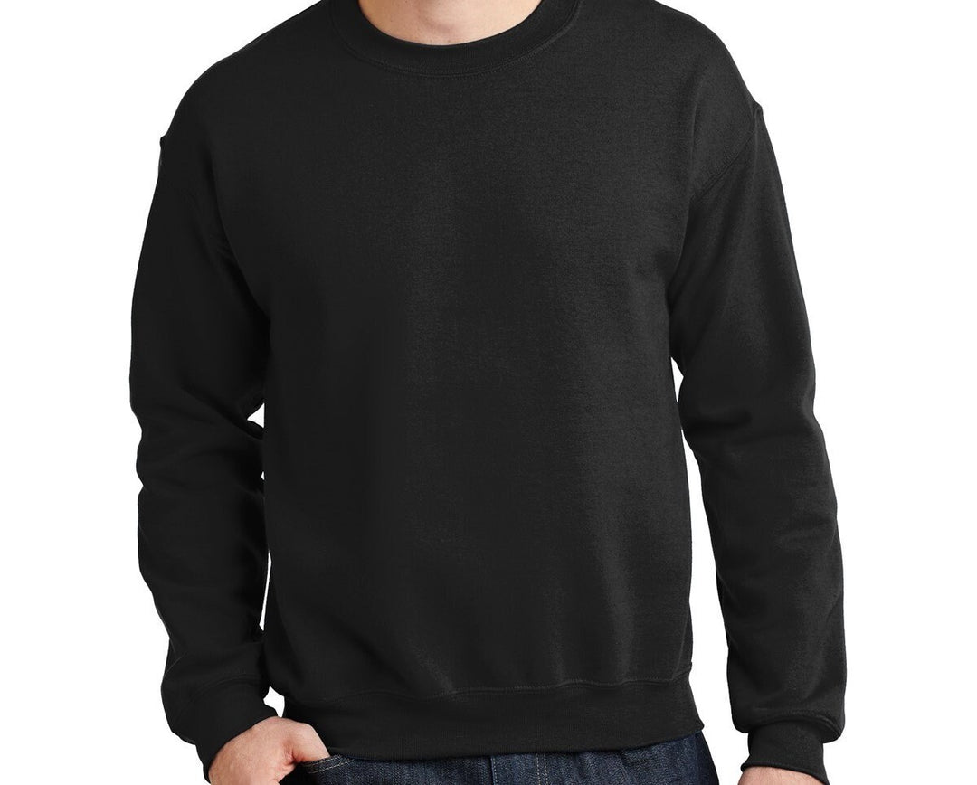Plain black crewneck sweatshirt shown as a colour option.