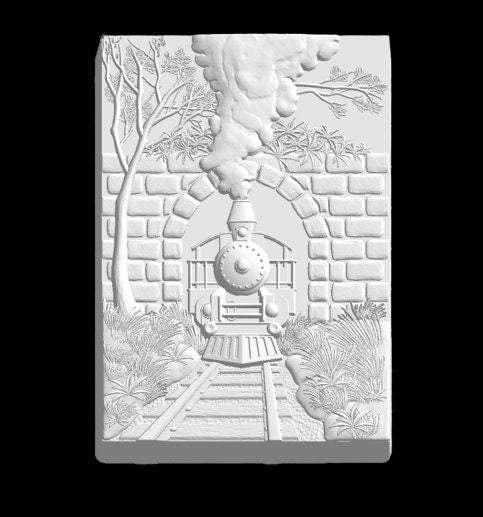 Grey render of the stone bridge train mold, locomotive under an arch with track ahead.