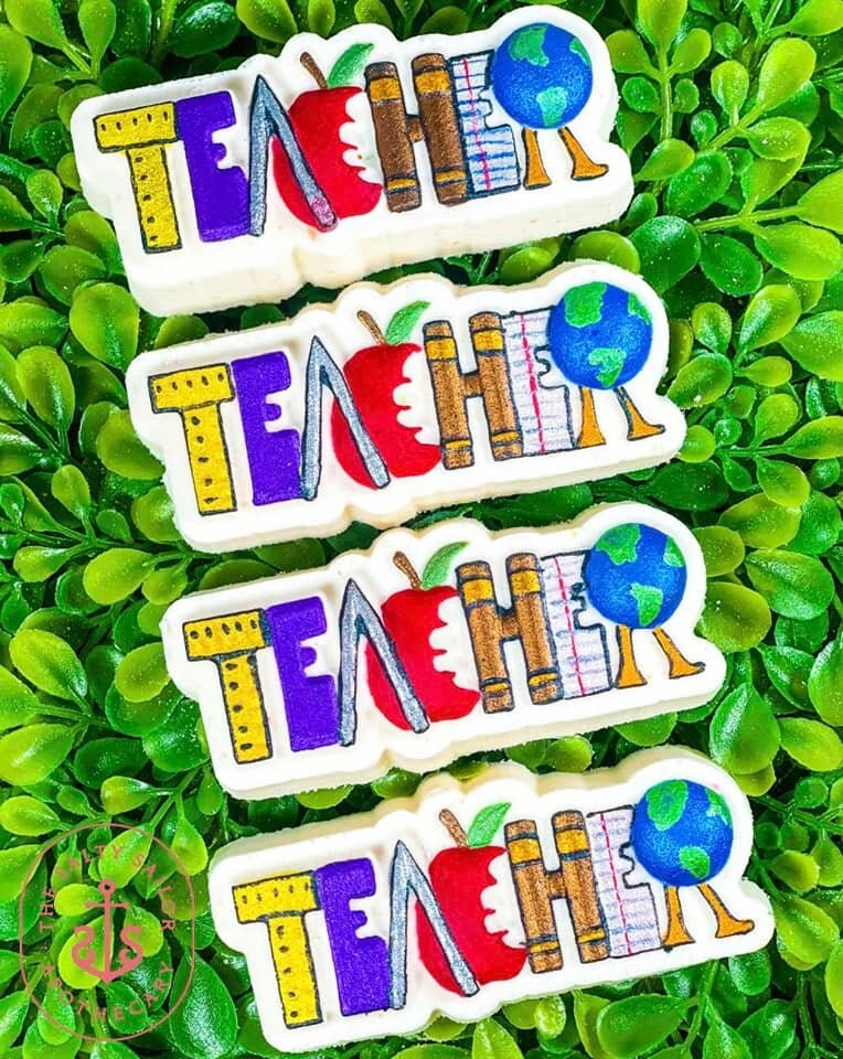 Four painted TEACHER casts on a green leaf background, letters made of school supplies.