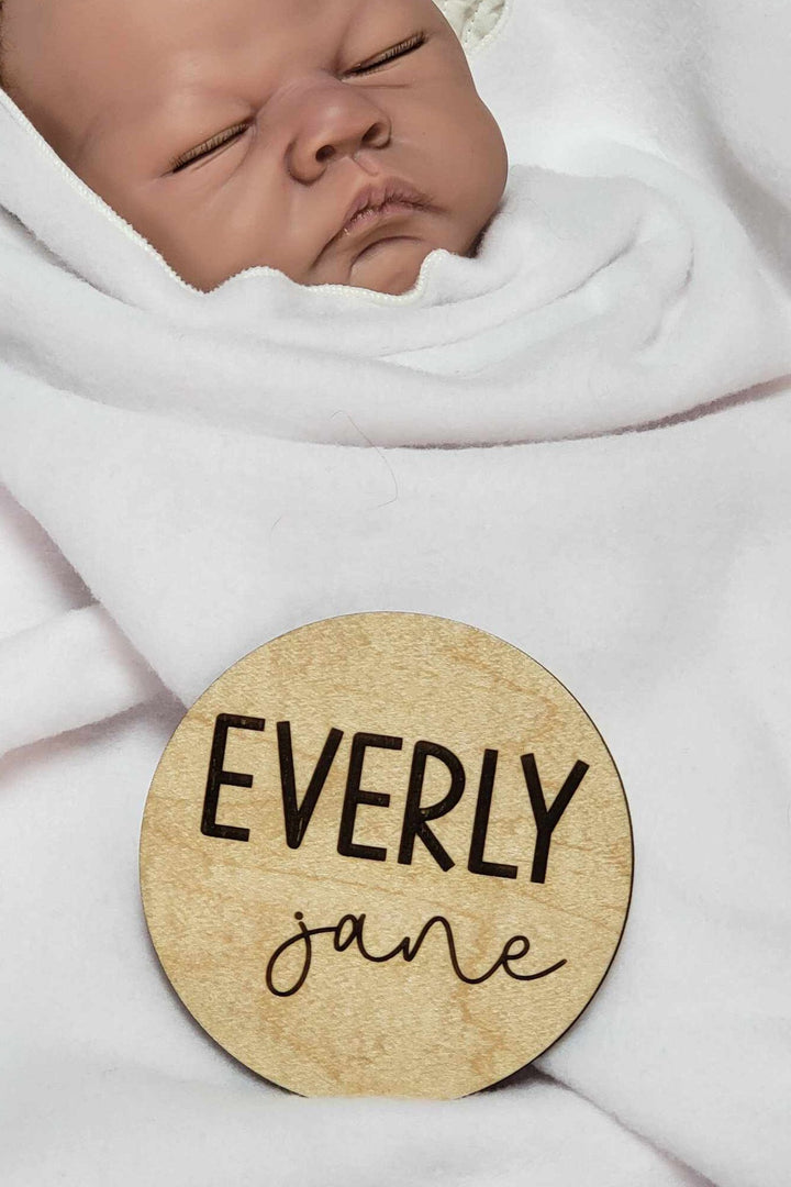 Personalized Baby Name Wood Sign, Engraved Birth Announcement, 4.5" Round