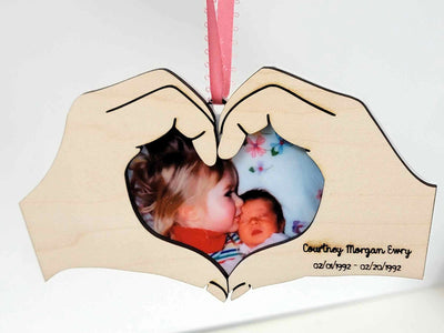 Personalized Memorial Ornament - Acrylic Photo with Engraved Wooden Heart Hands - Keepsake for Loved Ones