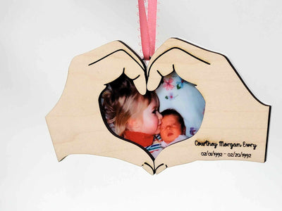 Personalized Memorial Ornament - Acrylic Photo with Engraved Wooden Heart Hands - Keepsake for Loved Ones