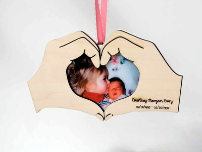 Personalized Memorial Ornament - Acrylic Photo with Engraved Wooden Heart Hands - Keepsake for Loved Ones