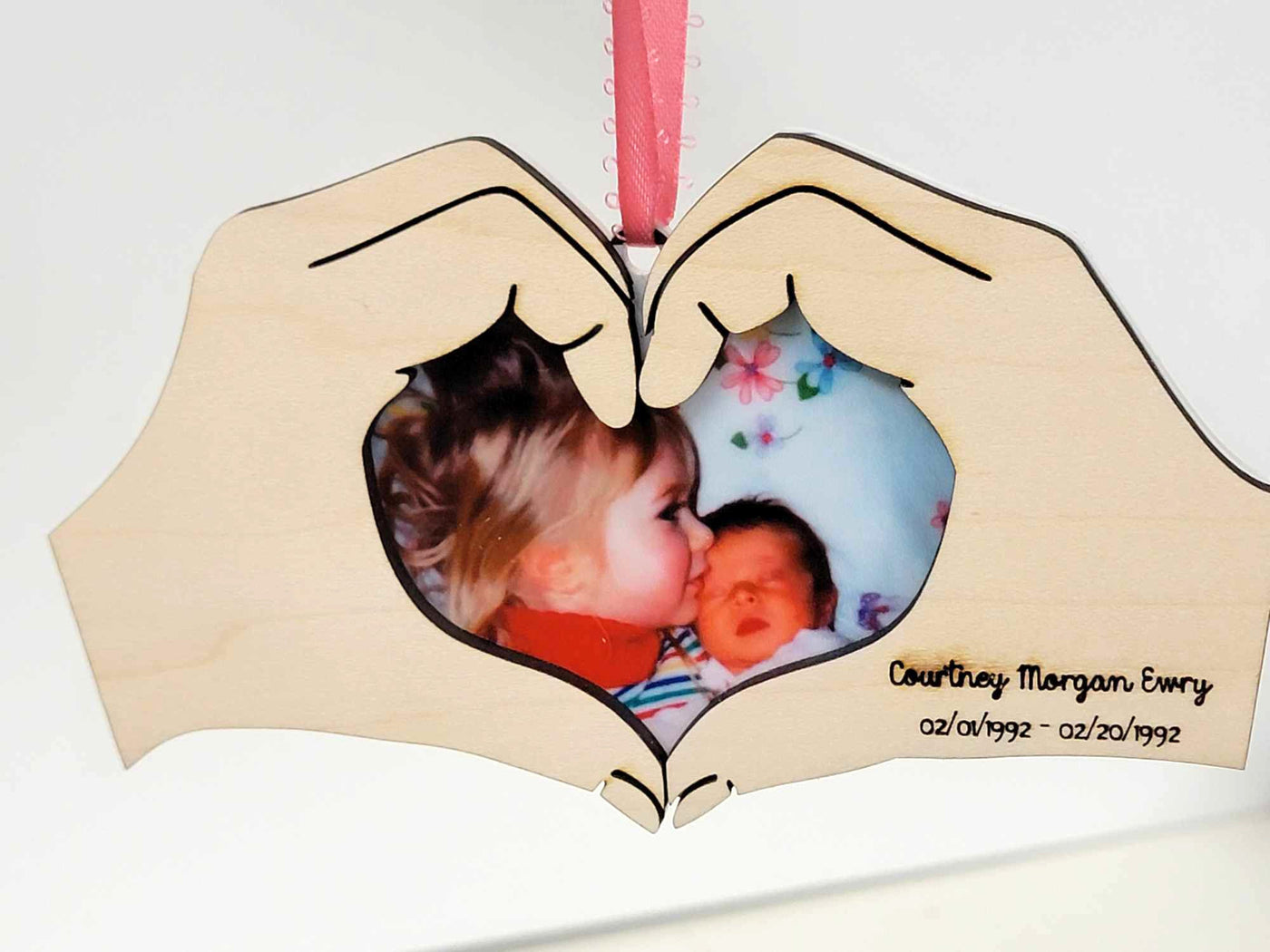 Personalized Memorial Ornament - Acrylic Photo with Engraved Wooden Heart Hands - Keepsake for Loved Ones