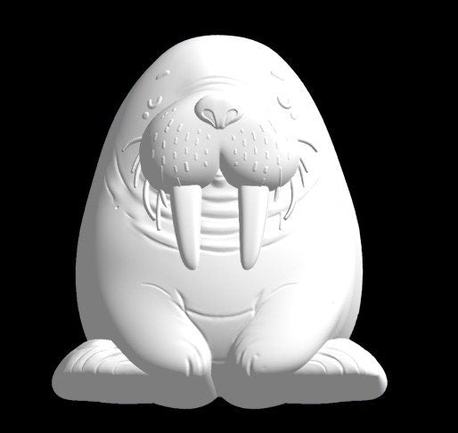 Grey render of the walrus mold, a round walrus sitting up with two long tusks.