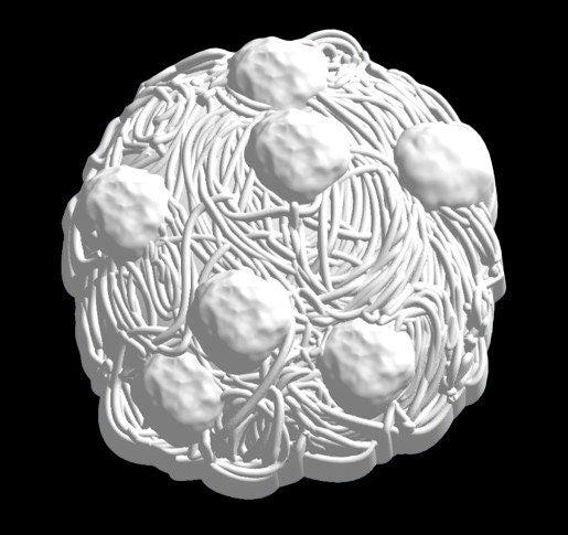 Grey render of the spaghetti and meatballs mold, tangled strands with meatballs on top.