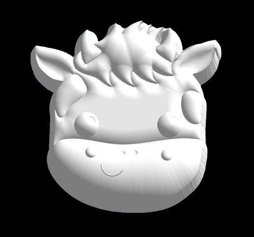 Grey render of the simple cow face mold, floppy ears, tuft between the horns and wide muzzle.