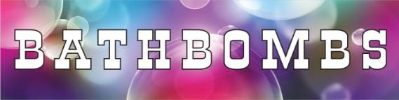 Horizontal BATHBOMBS banner in white capitals over pink and purple bokeh bubbles.
