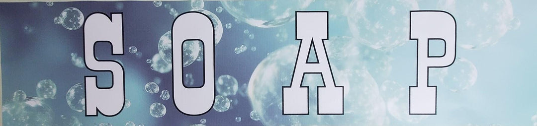 Horizontal SOAP banner in white outlined capitals over a blue bubble background.