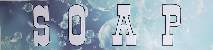 Horizontal SOAP banner in white outlined capitals over a blue bubble background.