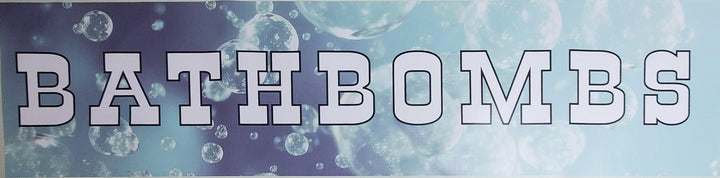 Horizontal BATHBOMBS banner in white outlined capitals over a blue bubble background.