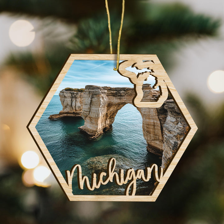 Michigan state wood ornament close up