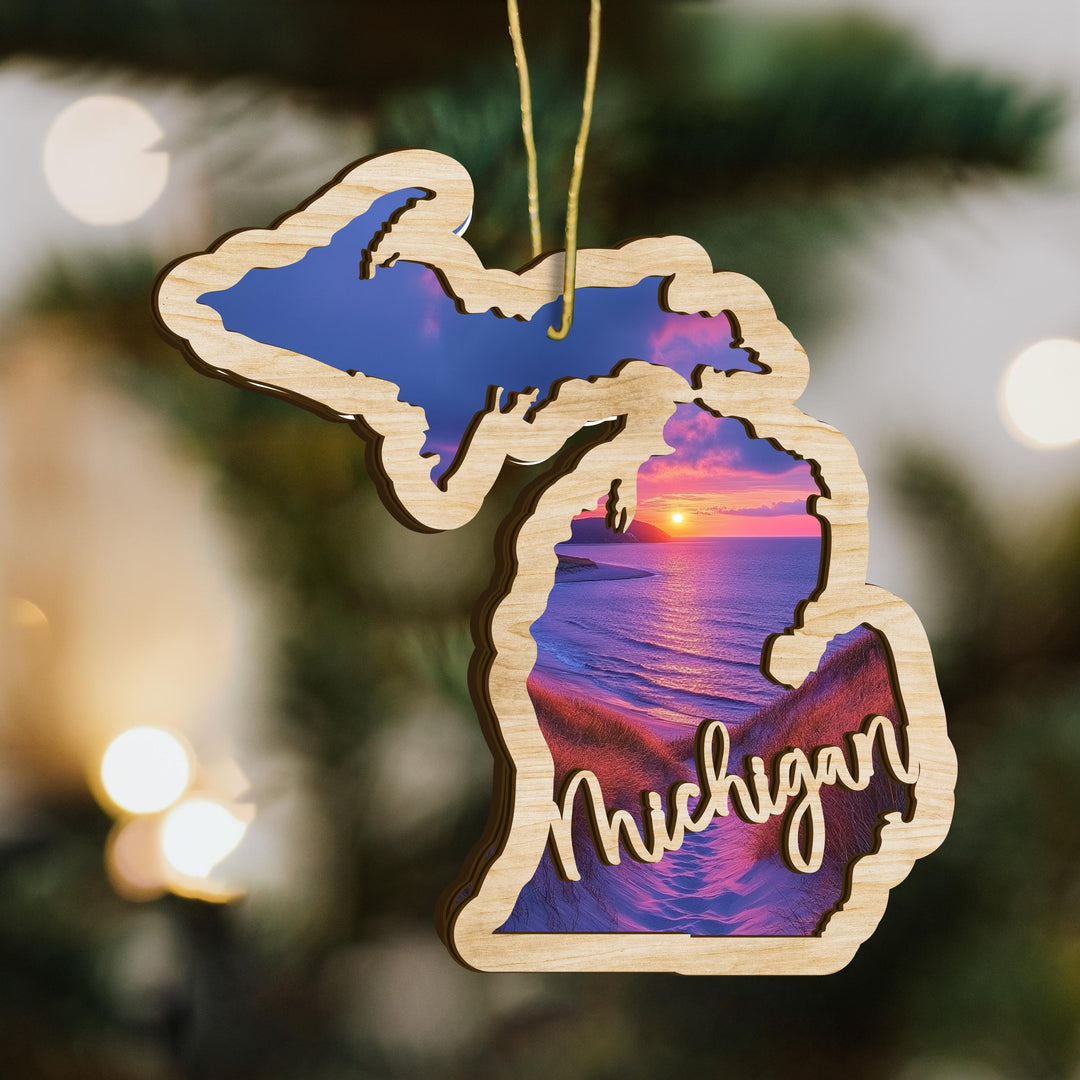 Michigan state wood ornament scene detail