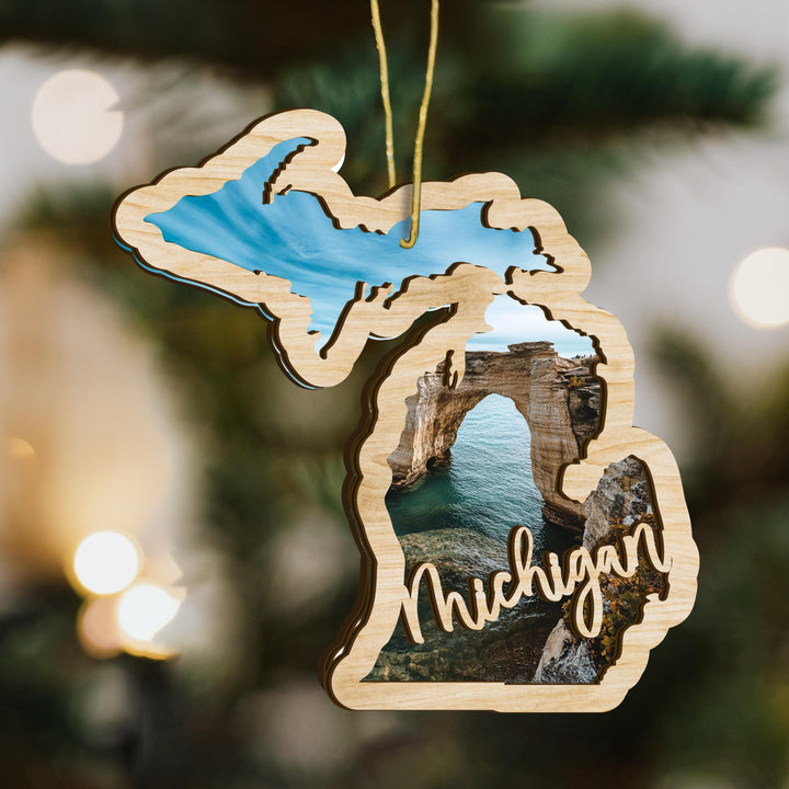 Michigan state wood ornament scene detail