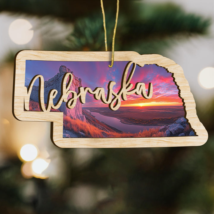Nebraska state wood ornament hanging display