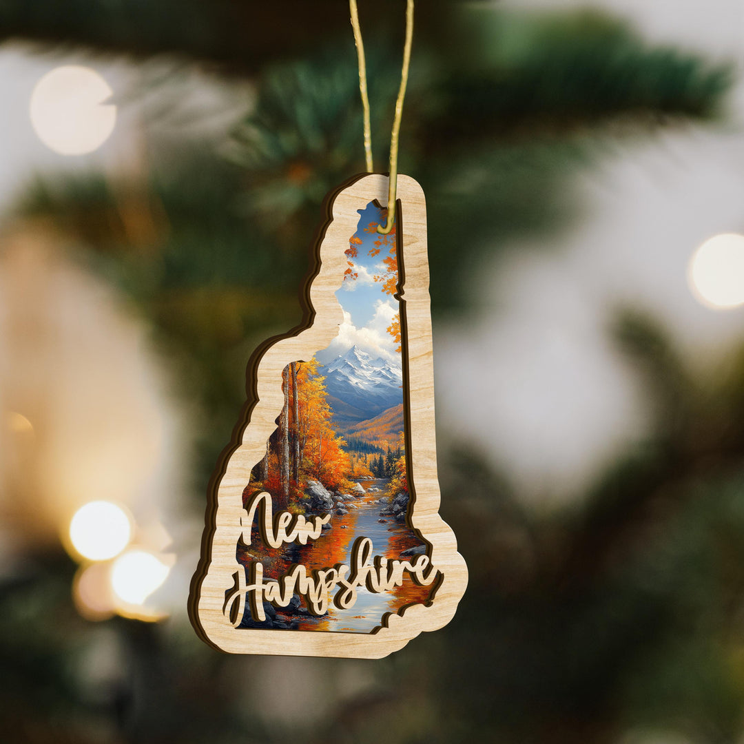 New Hampshire state wood ornament close up