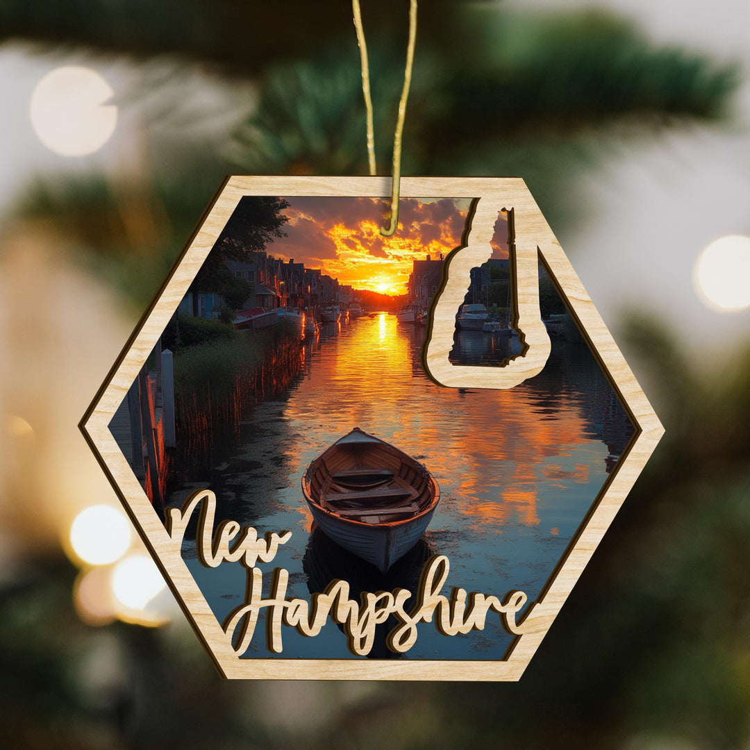 New Hampshire state wood ornament scene detail