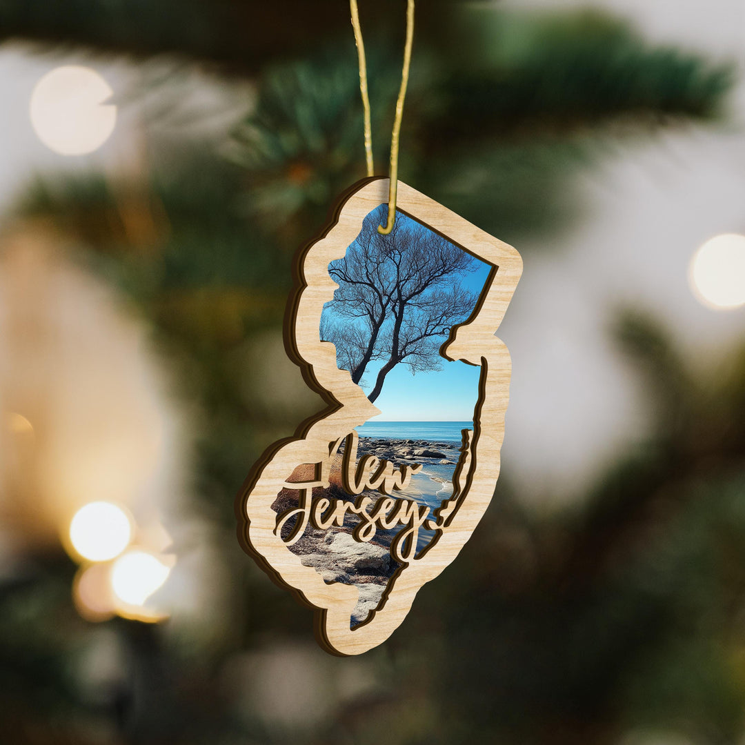 New Jersey state wood ornament close up