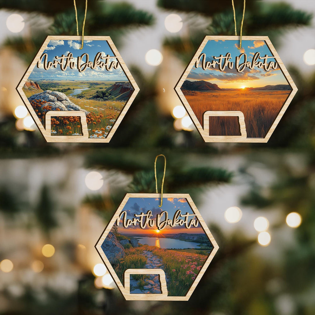 North Dakota state wood ornament