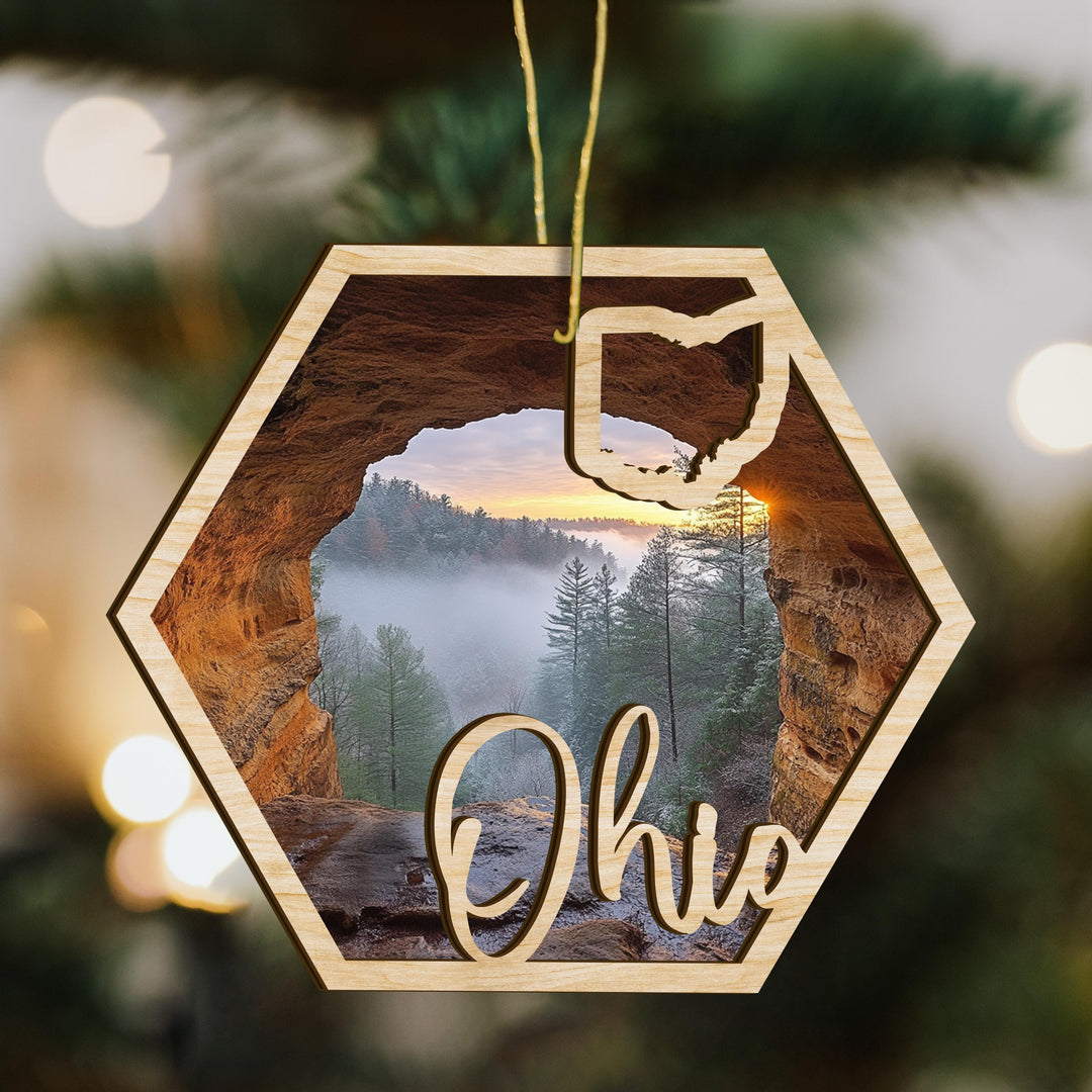 Ohio state wood ornament scene detail