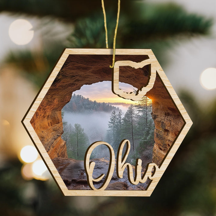 Ohio state wood ornament scene detail