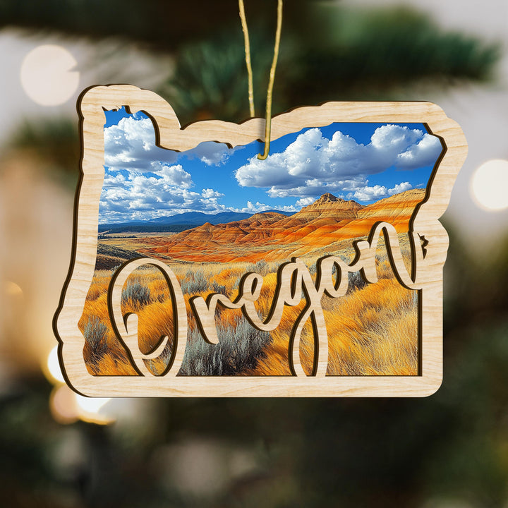 Oregon state wood ornament close up
