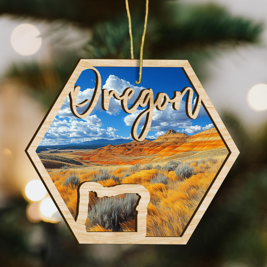 Oregon state wood ornament scene detail