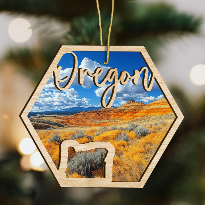 Oregon state wood ornament scene detail