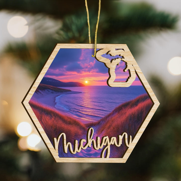 Michigan state wood ornament hanging display