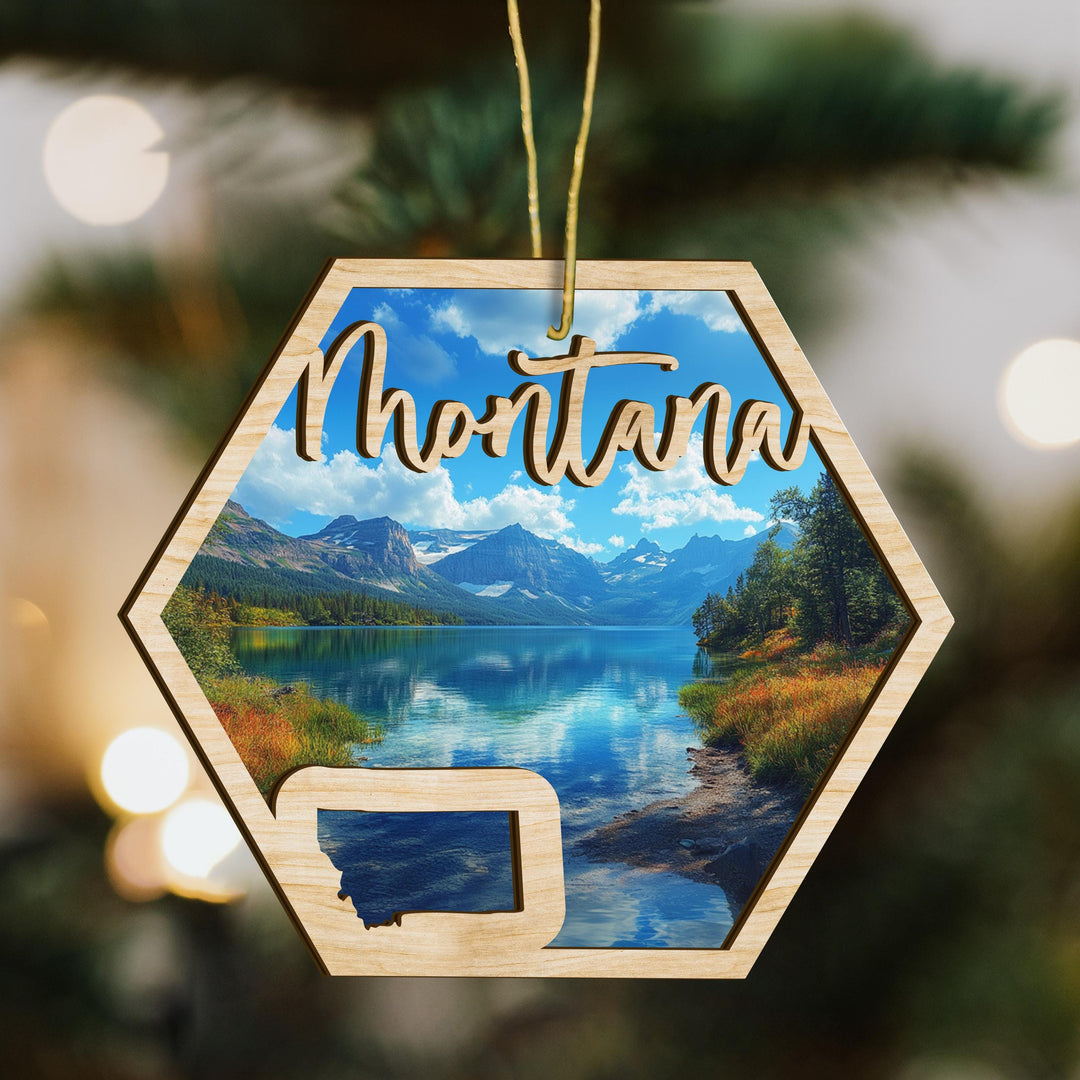 Montana state wood ornament scene detail