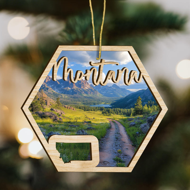 Montana state wood ornament scene detail