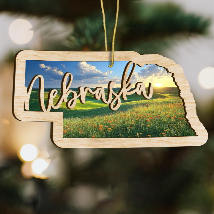 Nebraska state wood ornament close up
